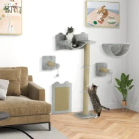 PawHut 5-teiliges wandmontiertes Kletterset für Hauskatzen mit Kratzpfosten, Kratzmatte, Katzenbett, Spielzeugbällen, Hellgrau(m-2)