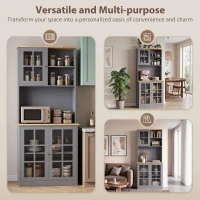 HOMCOM Kitchen Pantry, Buffet Hutch with 3 Storage Cabinets, 2 Open Shelves and Large Countertop for Kitchen, Grey(m-7)