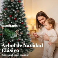 HOMCOM Árbol de Navidad Lápiz Nevado 210 cm con 818 Ramas Bayas Rojas Piñas Base Metálica Plegable Apertura Automática Verde(m-5)