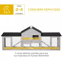 PawHut Conejera de Exterior Grande Jaula de Madera para 2-4 Conejos con Techo Asfáltico Recinto de Alambre Bandeja Extraíble y Rampas 210x45,5x84,5 cm Gris y Negro(m-5)
