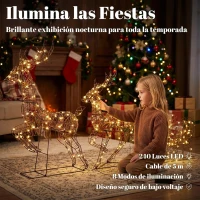 Outsunny Set Navideño de Reno y Trineo con Luces de 3 Piezas de Ratán 240 Luces LED Blanco Cálido 8 Modos y Temporizador(m-5)