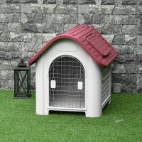 PawHut Caseta para Perro con Puerta Extraíble Base Elevada 3 Respiraderos y Ventana Abrible Caseta de Perros para Interior y Exterior 72x87x75 cm Gris Rojo(m-10)