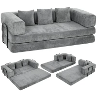 HOMCOM Canapé Convertible 3 Places Compressé 5 en 1, Canapé-Lit en Chenille 205cm, Assise Profonde, 2 Coussins, Gris(m-17)