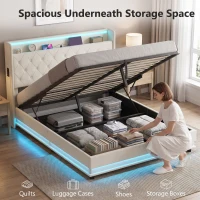 HOMCOM 5ft King Bed Frame with Headboard, Platform Bed Frame with Hydraulic Storage, LED Lights and Charging Station, White(m-4)