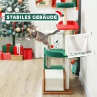 PawHut 135 cm Katzenkratzbaum in Weihnachtsfarben mit Katzenbett, Katzenhaus, Kratzpfosten, Sprungplattformen, Spielzeugbällen(m-6)