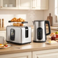 HOMCOM Kettle and Toaster Set with LED Touch Screen, Kettle with Strix Thermostat, 2 Slice Toaster w/ 6 Browning Levels, Silver(m-14)