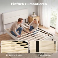 HOMCOM Rama łóżka 140 x 200 cm z regulowanym wezgłowiem, tapicerowane łóżko w wyglądzie lnu z 12 listwami ze sklejki, beżowy(m-6)