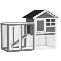 PawHut Hasenstall 2 Etagen Kaninchenstall aus Holz 123,5x62,6x92,5 cm Kaninchenkäfig mit Bitumendach Freilaufgehege Rampe Türen Herausnehmbare Bodenwanne Hasenkäfig für Kaninchen Outdoor Grau+Weiß(m-1)