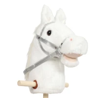 AIYAPLAY Hobby Horse with Wood Wheels, Stick Horse with Grip Handle, Hoofbeats Neighing, Gift for Imaginative Play, 95 cm, White(m-11)