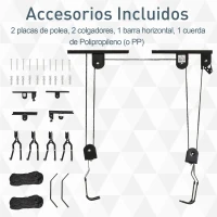 HOMCOM 2 Pares de Elevador para Bicicletas en el Techo Mediante Poleas Cuerdas Ganchos con Altura Ajustable Soporte para Bici al Techo Carga 20 kg Acero Negro(m-6)