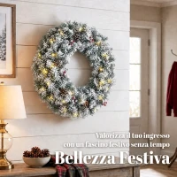HOMCOM Ghirlanda Natalizia Innevata da 60 cm con Luci LED, Fiocco Scozzese, Rami, Pigne, Bacche, Verde(m-4)