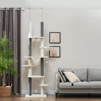 PawHut Kratzbaum, deckenhoch, verstellbar 225-255 cm, Plattformen & Hängematten, Kippschutz, Weiß(m-10)