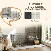 PawHut Valla Metálica para Mascotas de 39 Paneles Jaula para Cobayas Erizo DIY 2 Niveles 140x70x105 cm Negro(m-4)