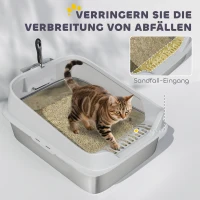 PawHut Kattenbak RVS open kattenbak met schep hoge rand voor grote katten tot 7 kg, 60,2 x 40,2 x 29,7 cm, Grijs(m-7)