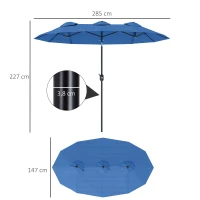 Outsunny Sonnenschirm, Gartenschirm, neigbar, mit Handkurbel, Winddach, Polyester+Stahl, Marineblau, 285 x 147 cm(m-3)