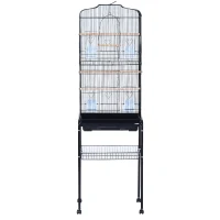 PawHut Jaula para Pájaros, Jaula Grande con Ruedas, Estante de Almacenaje, Puertas, 4 Comederos, 3 Perchas, Columpio, Bandeja Extraíble y Asa, para Loro, Canario, Periquito, 47,5x37x153 cm, Negro(m-9)