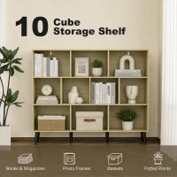 HOMCOM 10-Cube Bookcase, 3-Tier Book Shelf with Solid Wood Legs, 140 cm Modern Bookshelf with Anti-Tip Kit, Oak(m-4)