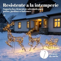 Outsunny Set Navideño de Reno y Trineo con Luces de 3 Piezas de Ratán 240 Luces LED Blanco Cálido 8 Modos y Temporizador(m-7)