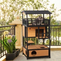 PawHut Caseta para Gatos de Madera 75,5x75x137 cm con Techo Asfáltico Plataformas para Interior y Exterior Natural(m-3)