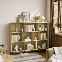 HOMCOM 10-Cube Bookcase, 3-Tier Book Shelf with Solid Wood Legs, 140 cm Modern Bookshelf with Anti-Tip Kit, Oak(m-9)