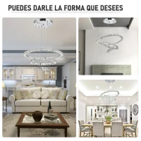 HOMCOM Lámpara de Araña de Cristal Moderna Lámpara Colgante LED 40W con 3 Anillos Ángulo Ajustable y Control Remoto 4000K Luz Blanco para Salón Comedor Ø60x110 cm(m-5)