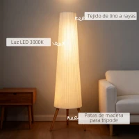 HOMCOM Lámpara de Pie con Trípode Brillo Ajustable 3 Niveles Interruptor de Pie Patas de Madera y Pantalla de Tela Blanco(m-5)