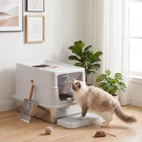PawHut Caixa de Areia para Gato Casa de Higiene em Aço Inox Borda 40 cm Antivazamento Tampa Anti-odor 60x40x40 cm Cinza Claro(m-10)