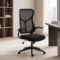 HOMCOM Scaun de birou ergonomic rotativ cu brațe rabatabile, funcție de balans, înălțime reglabilă, din plasă, negru(m-10)