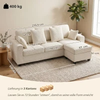 HOMCOM Ecksofa mit umkehrbarer Chaiselongue, 3-Sitzer Sofa mit Samtoptik, breite und tiefe Sitzfläche, Federkissen, Beige(m-3)
