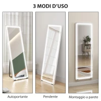 HOMCOM Specchio a Figura Intera con Luci, 150x50 cm LED con Illuminazione a 3 Colori, Libero in Piedi, Appoggiato o Montato a Parete Trasparente(m-6)