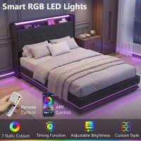 HOMCOM 4ft6 Double Bed Frame with Headboard, Platform Bed Frame with Hydraulic Storage, LED Lights and Charging Station, Black(m-5)