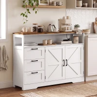 HOMCOM Sideboard Cabinet with Power Outlet, Farmhouse Kitchen Cabinet with 3 Drawers and Open Shelf, White(m-2)
