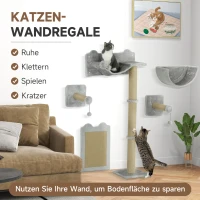 PawHut 5-teiliges wandmontiertes Kletterset für Hauskatzen mit Kratzpfosten, Kratzmatte, Katzenbett, Spielzeugbällen, Hellgrau(m-4)