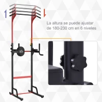 HOMCOM Estación Dip Torre de Dominadas para Hogar Oficina Gimnasio Altura Ajustable con 6 Orificios Tubo de Acero Soporta hasta 120 kg 94x80,5x180-230 cm Negro(m-4)
