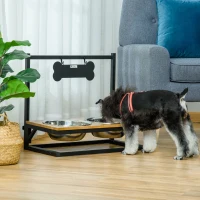 PawHut Comedero para Perros Elevado Altura Ajustable con 2 Cuencos de Acero Inoxidable Alimentador de Agua y Comida para Mascotas 58x32x50 cm Negro y Roble(m-2)