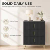 HOMCOM Modern 3-Drawer Dresser, Fluted Bedroom Dresser Chest of Drawers with Metal Legs and Steel Handles for Bedroom, Black(m-6)