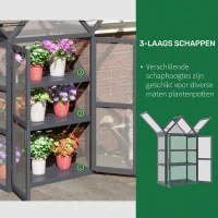 Outsunny kas met 3 planken, massief hout, behuizing van polycarbonaat, grijs, 70,5 x 42 x 132 cm(m-5)