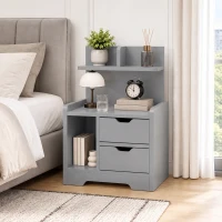 HOMCOM Bedside Table, Small Bedside Cabinet with 2 Drawers and Storage Shelves, Modern Nightstand for Bedroom, Grey(m-2)