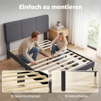 HOMCOM Bettgestell 140 x 200 cm mit verstellbarem Kopfteil, gepolstertes Bett in Leinenoptik mit 12 Latten(m-6)