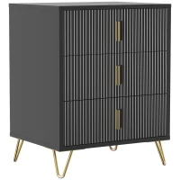 HOMCOM Modern 3-Drawer Dresser, Fluted Bedroom Dresser Chest of Drawers with Metal Legs and Steel Handles for Bedroom, Black(m-1)