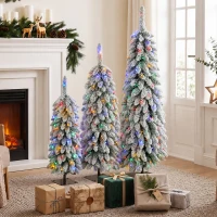 HOMCOM Artificial Christmas Tree Set of 3, Snowy Pre-Lit Christmas Tree with PVC Branch Tips, 90/120/150 cm, Green White(m-2)