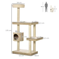 PawHut Katzenkratzbaum Katzenspielzeug Kletterbaum Sisal Polster Liegefläche Sisal samtartiges Polyester Beige+Kaffee 60 x 40 x 135 cm(m-3)