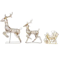 Outsunny Set Navideño de Reno y Trineo con Luces de 3 Piezas de Ratán 240 Luces LED Blanco Cálido 8 Modos y Temporizador(m-11)