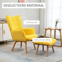 HOMCOM Fauteuil scandi accent met voetenbank, fauteuilset, beukenhout, corduroy-look, geel(m-4)