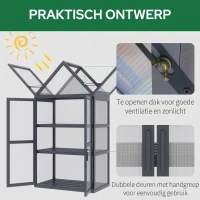 Outsunny kas met 3 planken, massief hout, behuizing van polycarbonaat, grijs, 70,5 x 42 x 132 cm(m-6)