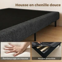 HOMCOM Sommier Tapissier 140x190 cm, Cadre de Lit avec Revêtement en Chenille, 10 Lattes Bois, 9 Pieds Stables, Gris(m-5)