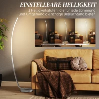 HOMCOM LED-Flurlampe mit anpassbarer Helligkeit, Moderne Stehlampe mit Fußschalter für Schlafzimmer, Wohnzimmer, Silber(m-5)