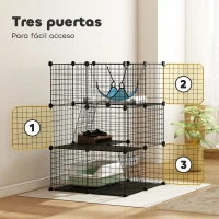 PawHut Jaula para Gatos Interior de 3 Niveles Recinto de Acero para Gatos con 3 Puertas 2 Escaleras Hamaca 70x70x105 cm Negro(m-6)