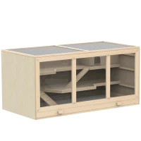 PawHut Jaula para Hámster de Madera Casa para roedores Pequeños con Bandeja Extraíble 2 Plataformas y Rampas 115x57x55 cm Madera Natural(m-1)