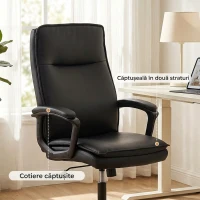 HOMCOM Scaun de Birou Rotativ din Piele PU, Funcție Legănare, Spătar Înalt, Reglabil pe Înălțime, Suportă 120 kg, Negru(m-7)